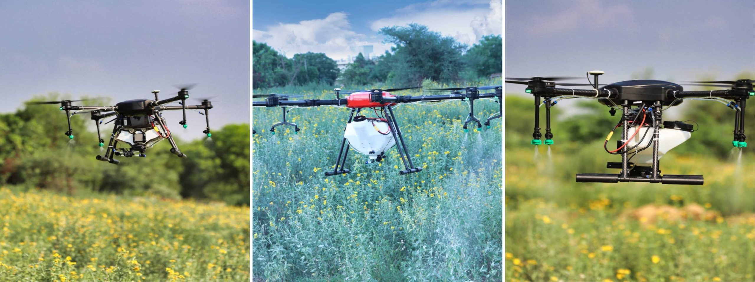 Different agriculture drones using in crop fields 